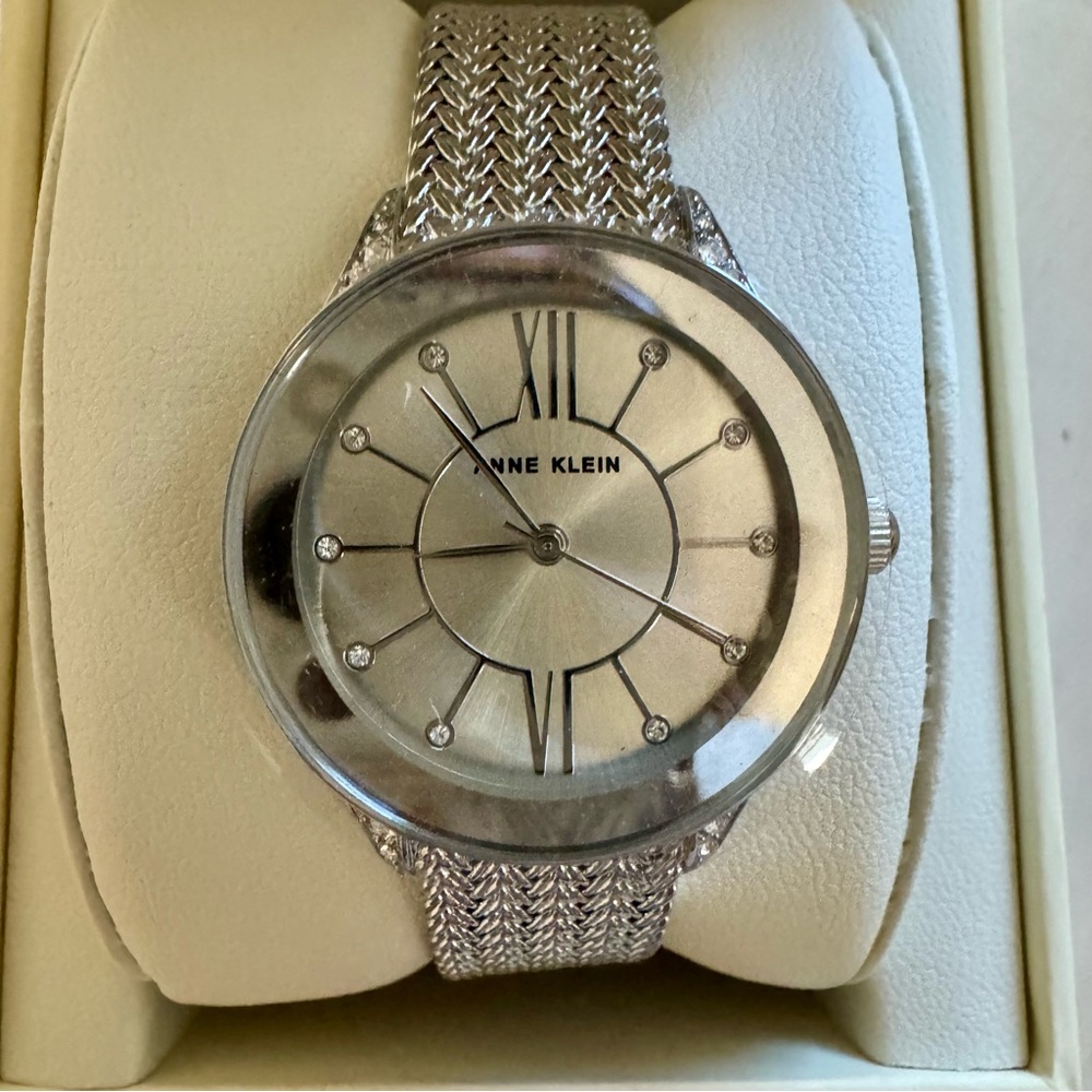 New Sterling Silver Premium Crystal Mesh Bracelet Watch Women’s Anne Klein - Picture 3 of 7